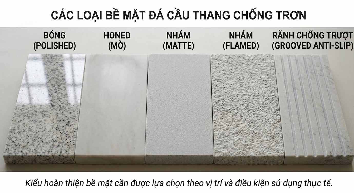 Kiểu hoàn thiện bề mặt cần được lựa chọn theo vị trí và điều kiện sử dụng thực tế.