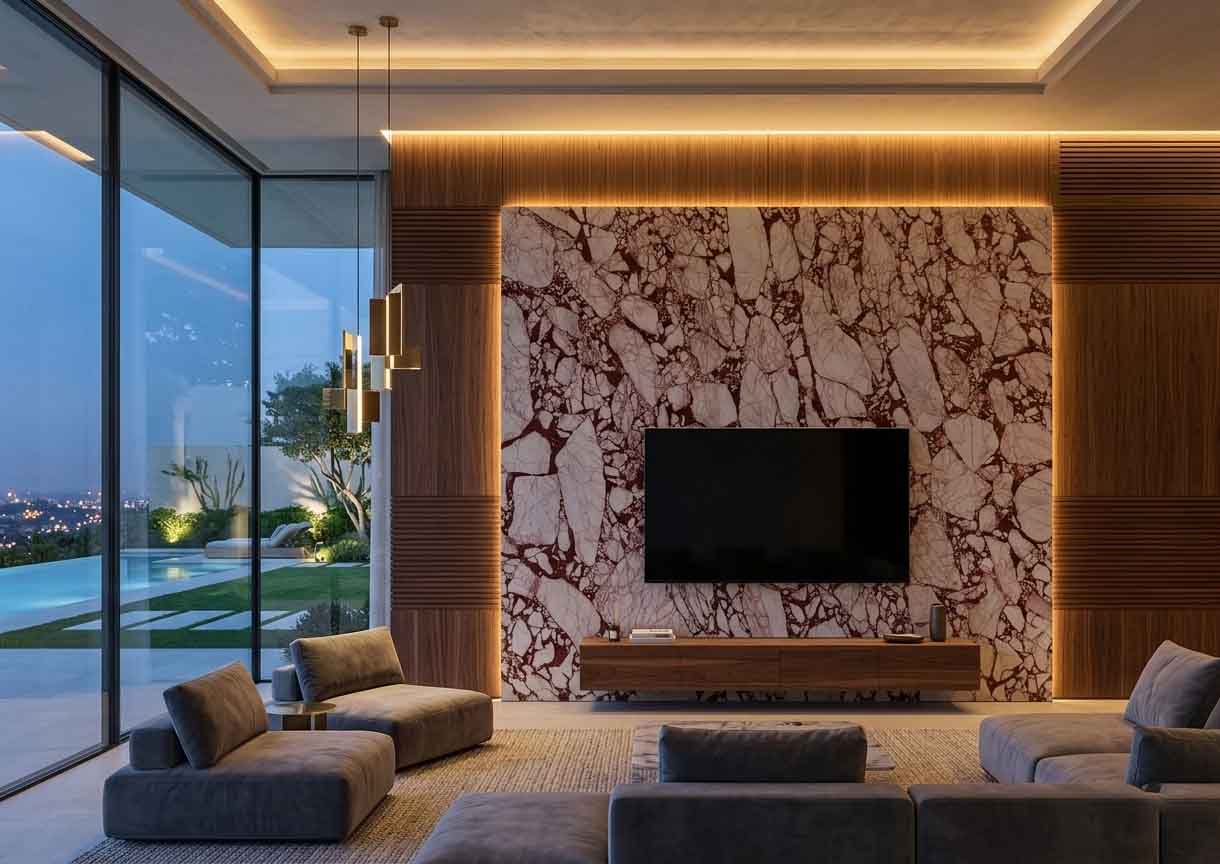 đá ốp tường phòng khách hiện đại sang trọng
