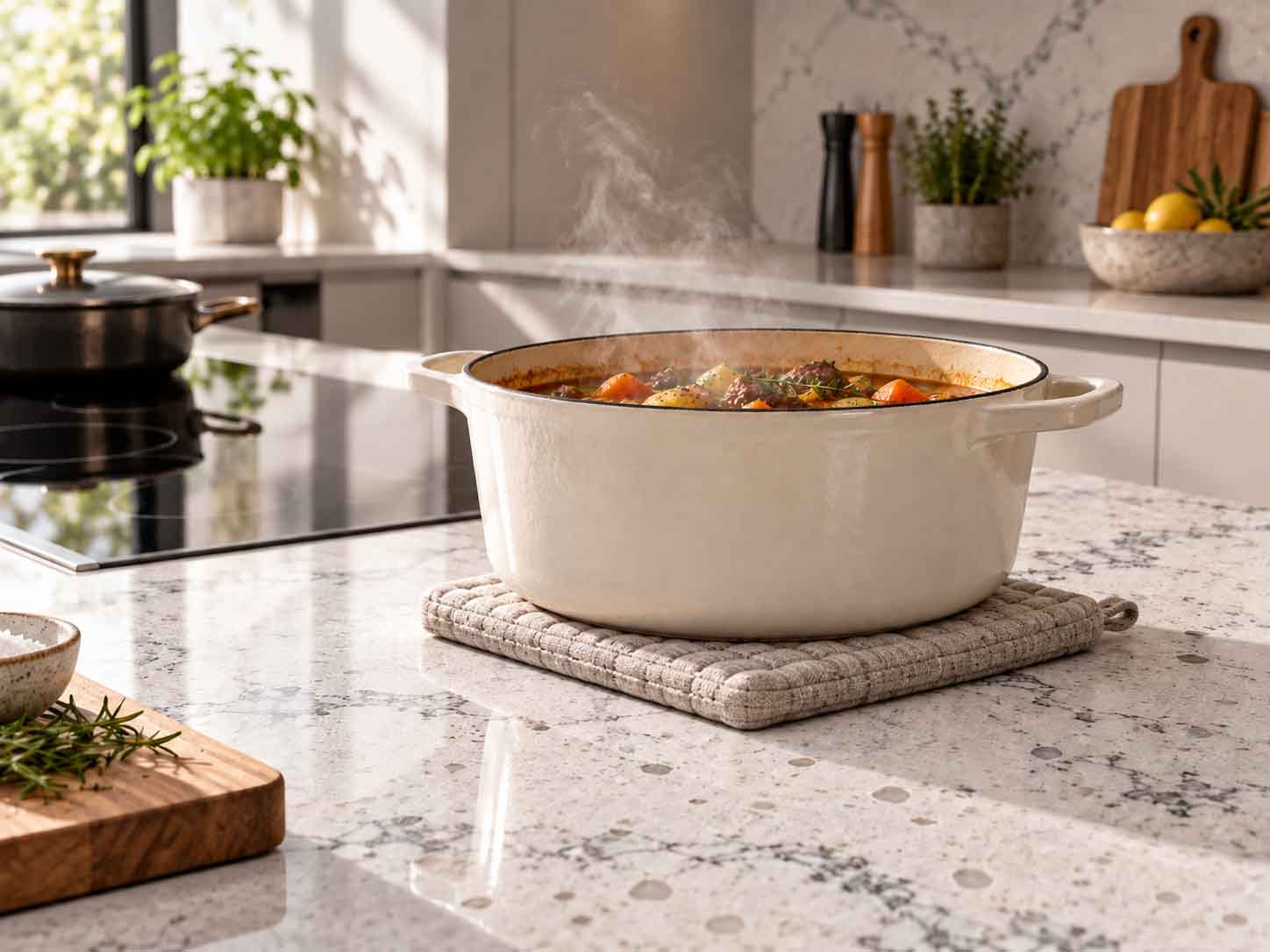 bảo vệ mặt đá bếp khỏi nhiệt trực tiếp